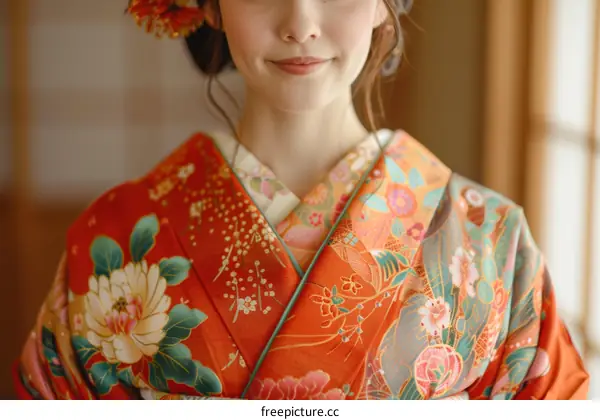 Close up of a Japanese woman wearing a kimono