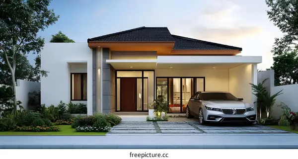 Modern Minimalist House Design with a Car in the Driveway