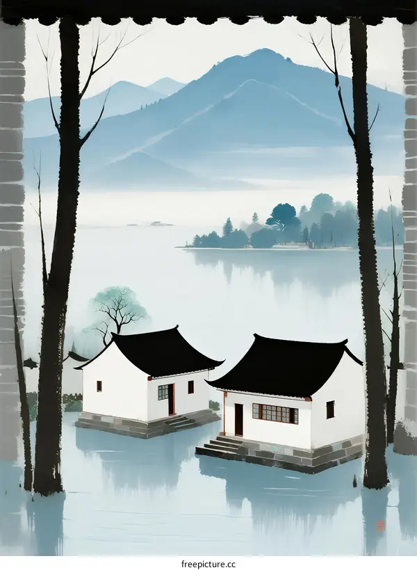 Traditional Chinese Houses by Calm Lake with Distant Mountains