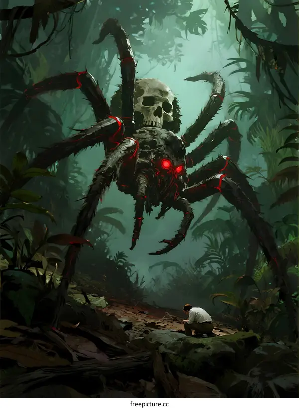 Giant Spooky Spider with Human Skull on Head in Dark Jungle