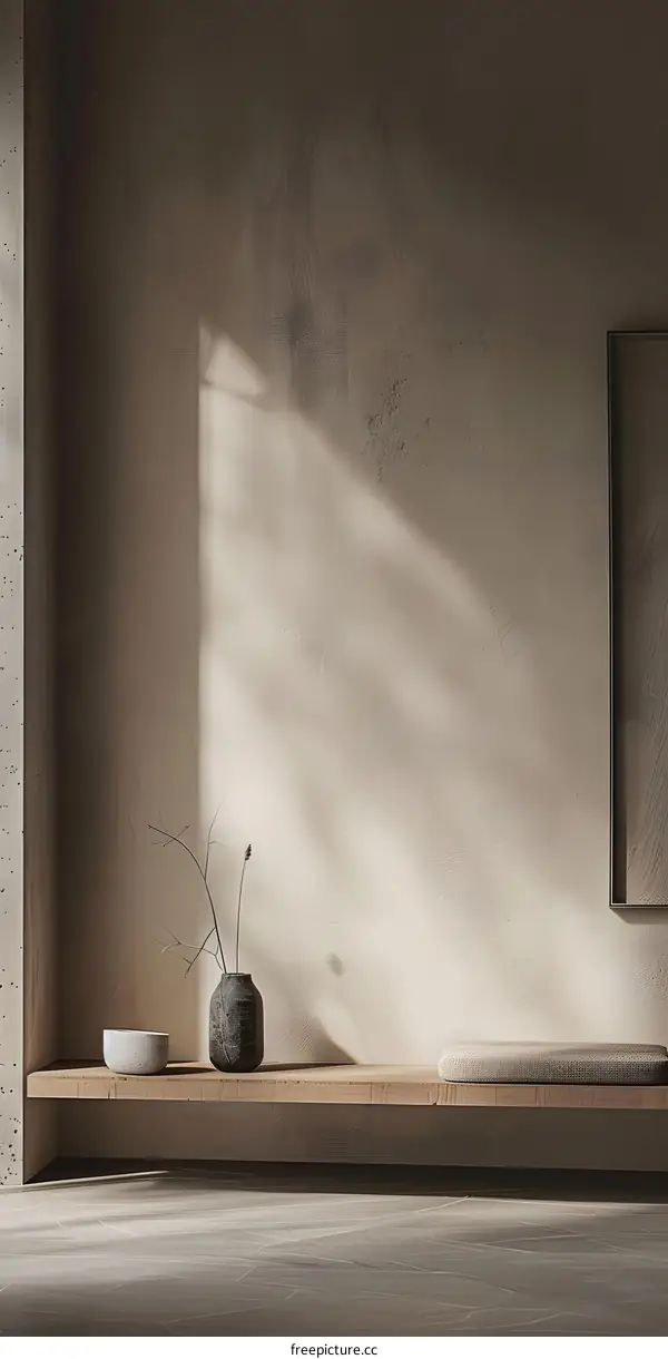 Minimalist Interior Design with Wooden Shelf and  Vase