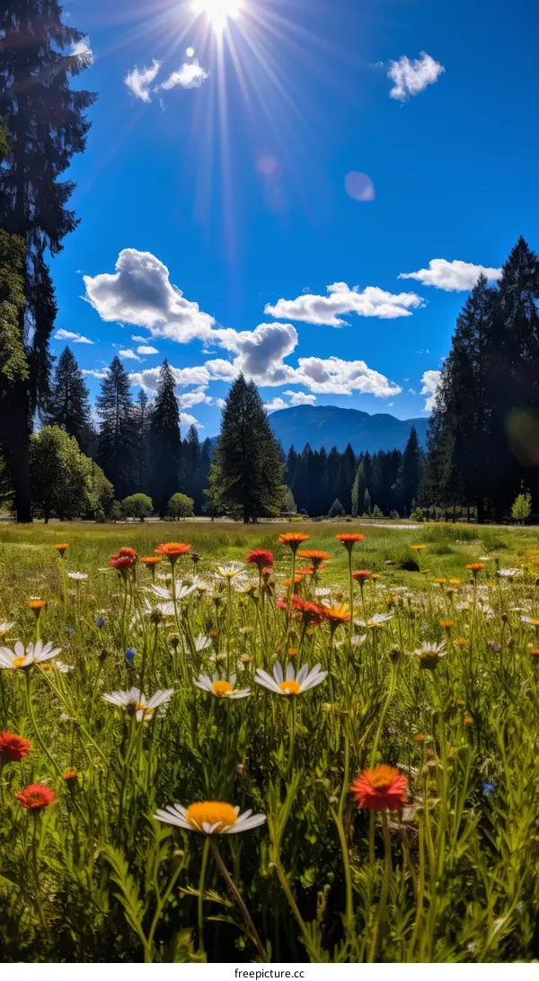 Field of flowers with trees and mountains in the background