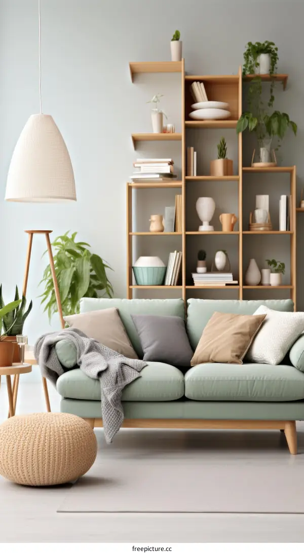 A Stylish Living Room With A Comfy Green Couch