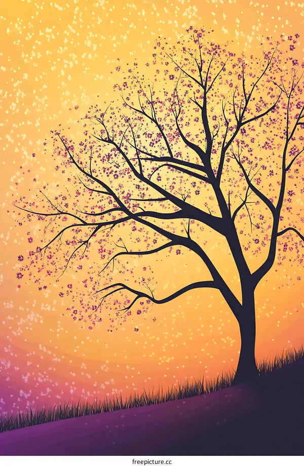 Silhouette of a Cherry Blossom Tree with Falling Petals in Orange and Purple Sunset