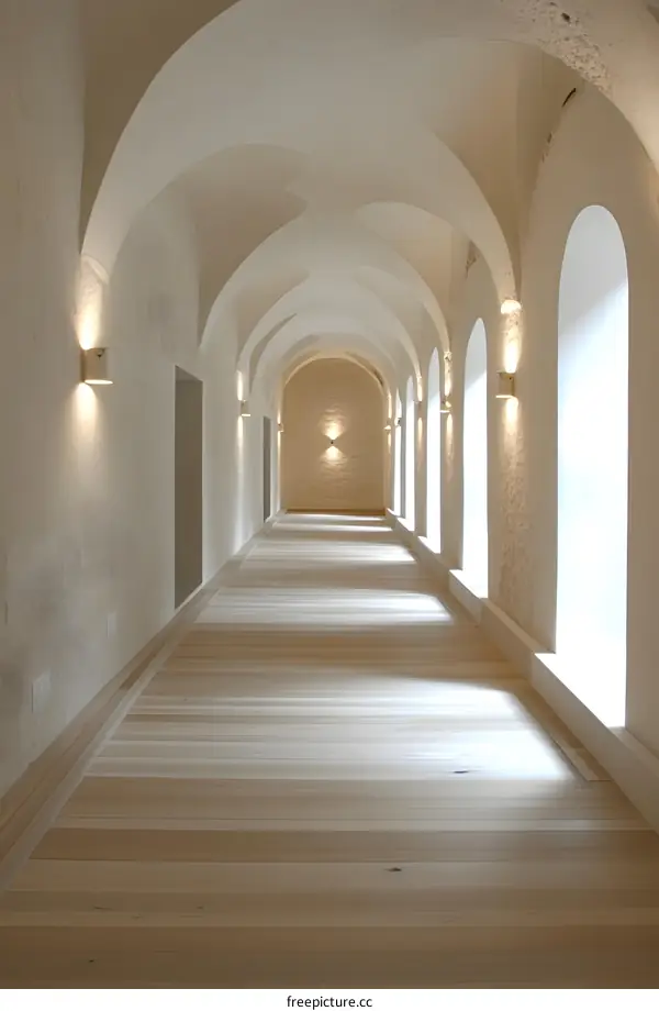 Long White Corridor With Arched Ceilings and Wooden Floor