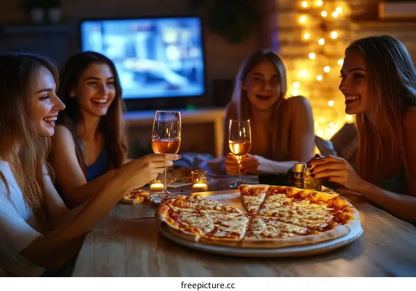 Four young women enjoying pizza and wine indoors