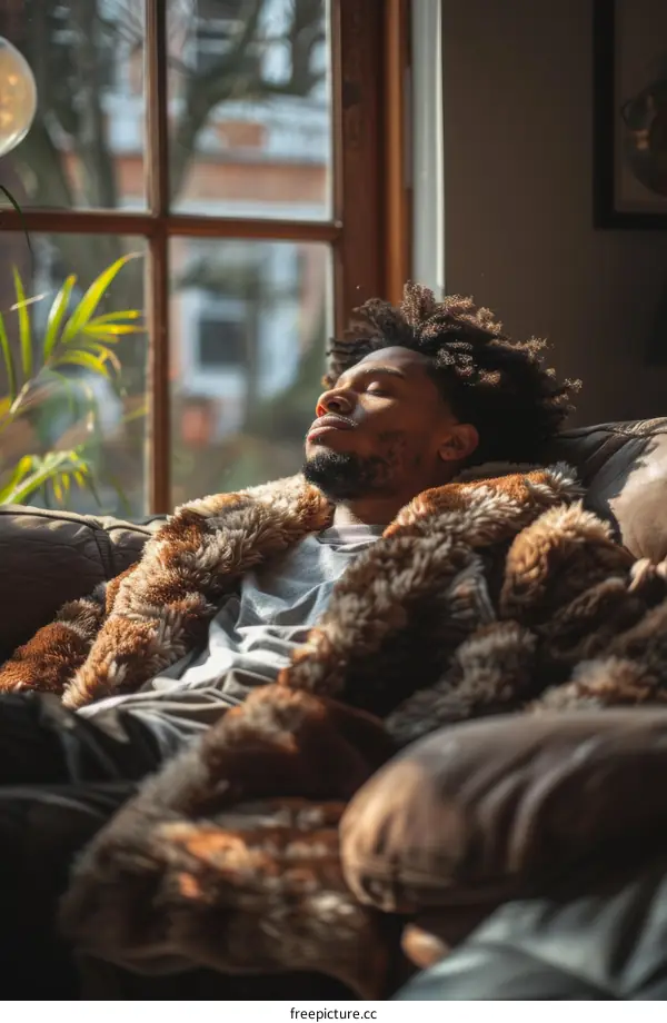 A black man is sleeping on the couch with a fur coat on