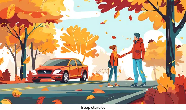 Autumn Road Trip Illustration with Couple Greeting Each Other