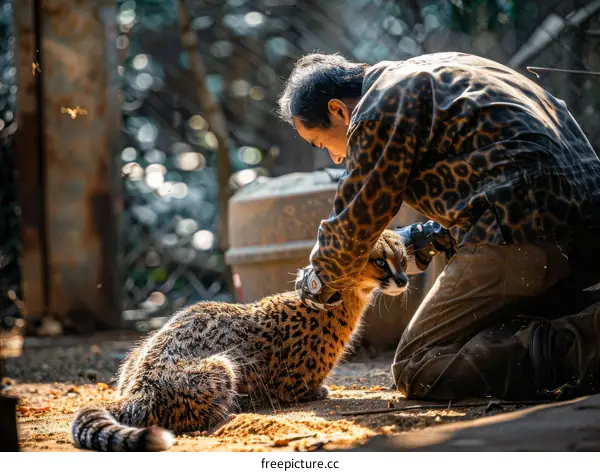 A man petting a margay