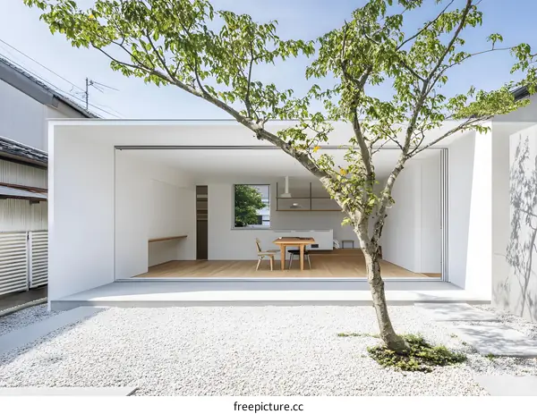 Minimalist Modern Japanese Home With Sliding Doors And A Tree In The Courtyard