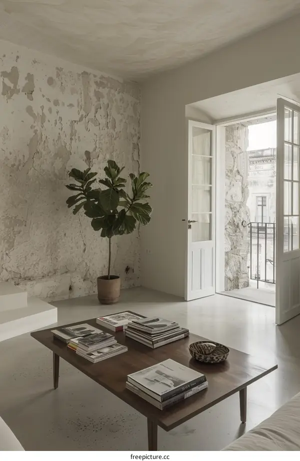 An artistic living room with a potted tree