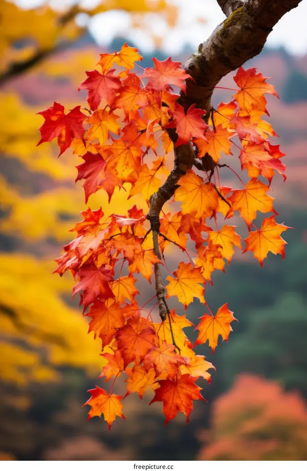 A branch of red maple leaves in autumn