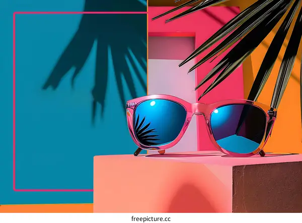 Pink Sunglasses On A Colored Background With Palm Leaf