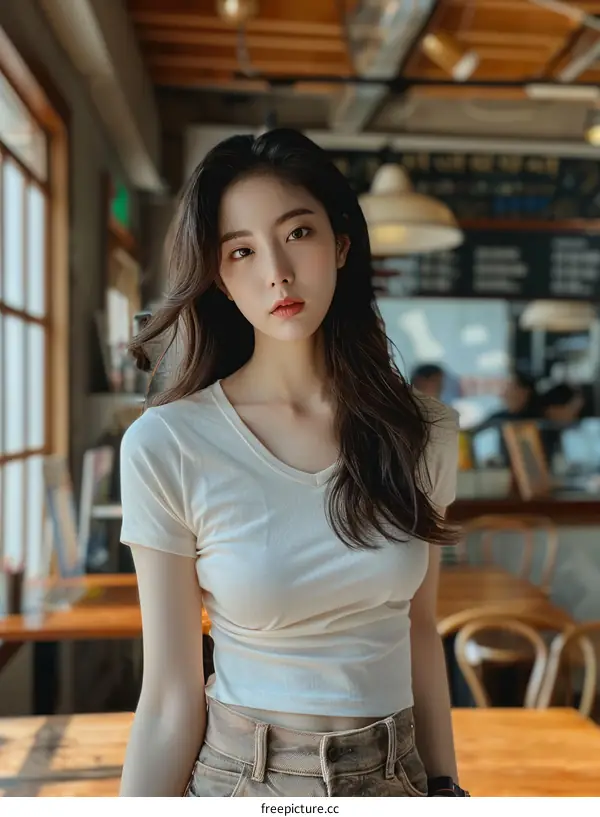 A beautiful Asian woman is sitting in a cafe