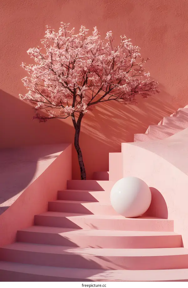 Pink Wall with Stairs and a Cherry Blossom Tree