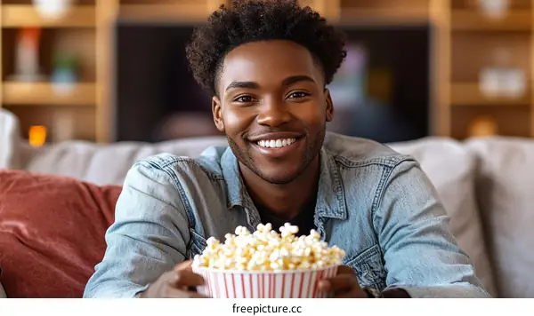 Happy Man Watching Movie with Popcorn
