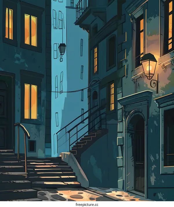 Night Cityscape with Staircase and Street Light