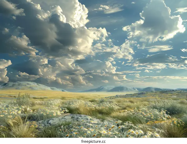 White flowers bloom on the grassland