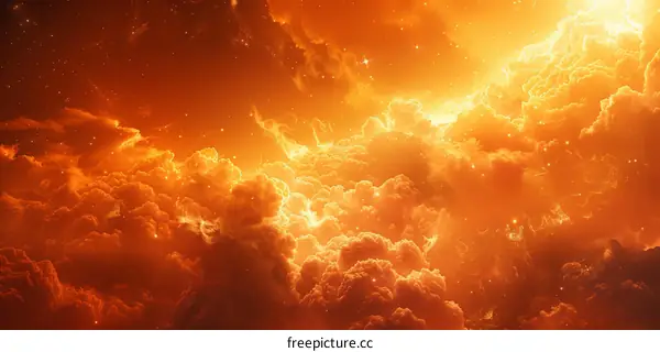Bright orange cloudscape with a bright light in the distance