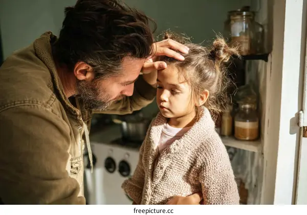 Father Checking Daughters Temperature in Kitchen