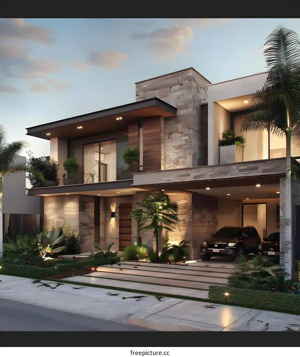 Modern Luxury Home Design with Stone Facade and Lush Greenery