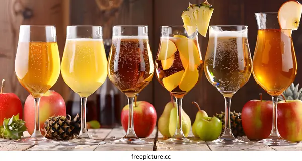 Apple Cider And Pear Cider In Glasses On Wooden Background