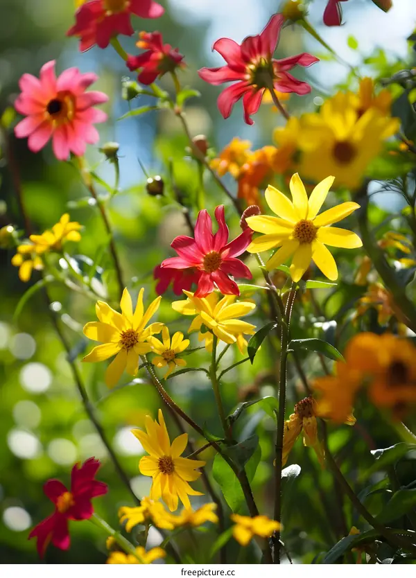Beautiful Yellow and Red Flowers in a Garden