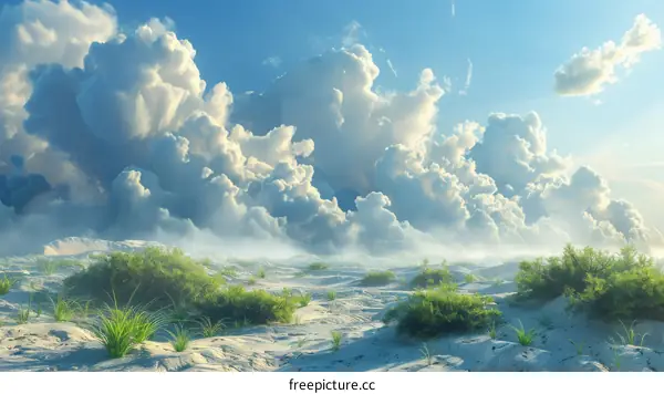 Green plants growing in the middle of a sandy desert with storm clouds in the background