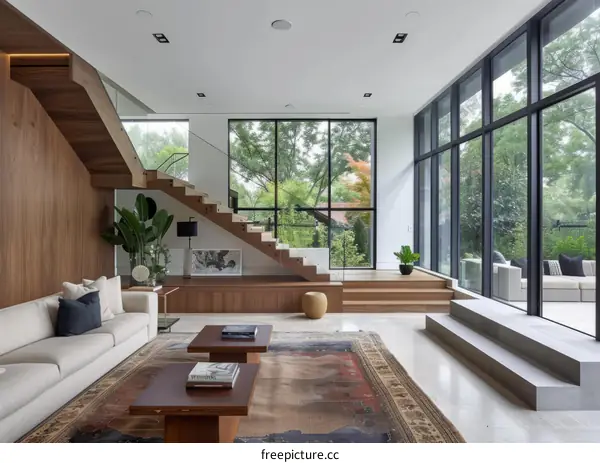 Bright living room with large windows and a staircase