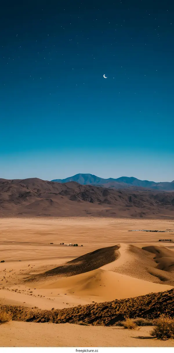 Desert Landscape with Crescent Moon and Stars at Night