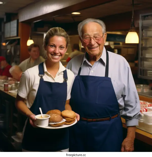 An elderly man and a young woman in a diner