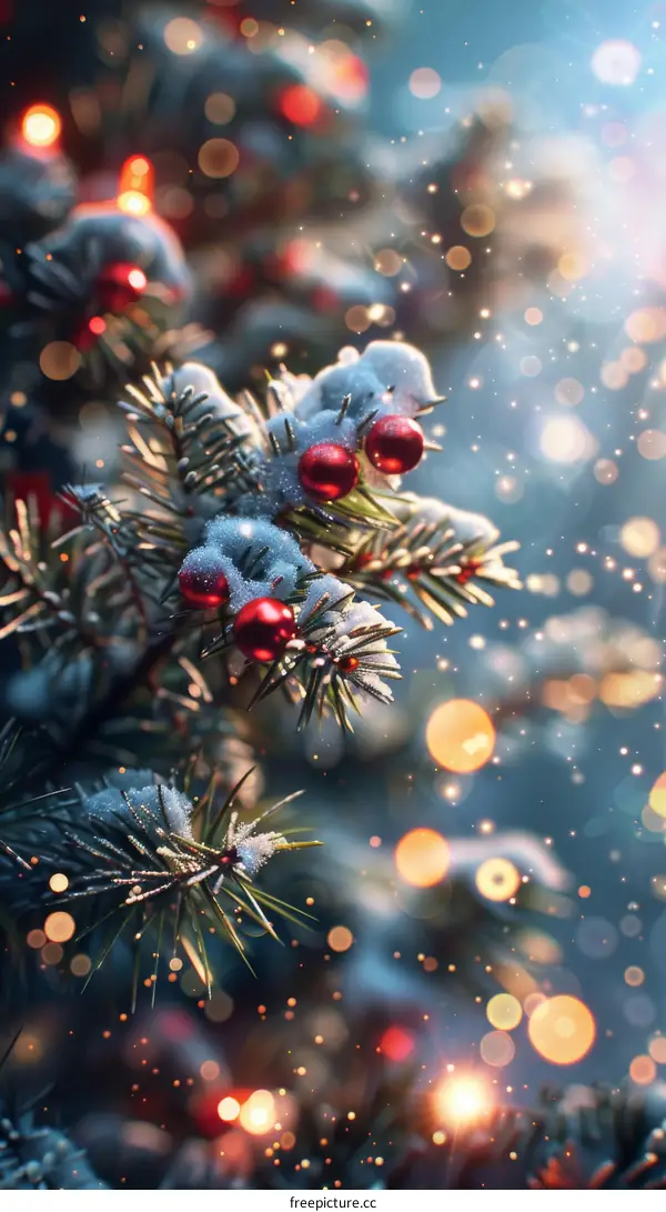 Snowy Christmas Tree with Red Berries