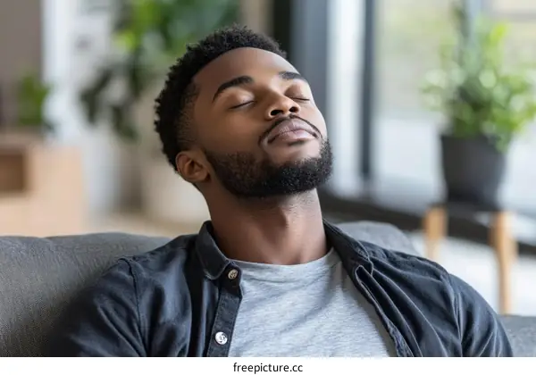 African American Man Relaxing  Deep Breath