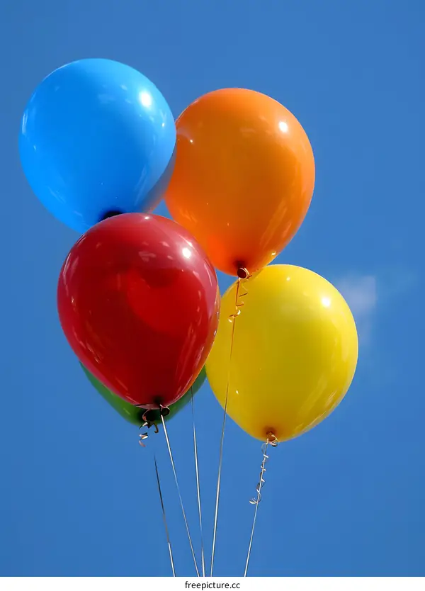Four Colorful Balloons Against A Bright Blue Sky