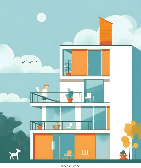 Modern House with Balcony and Man Watering Plants