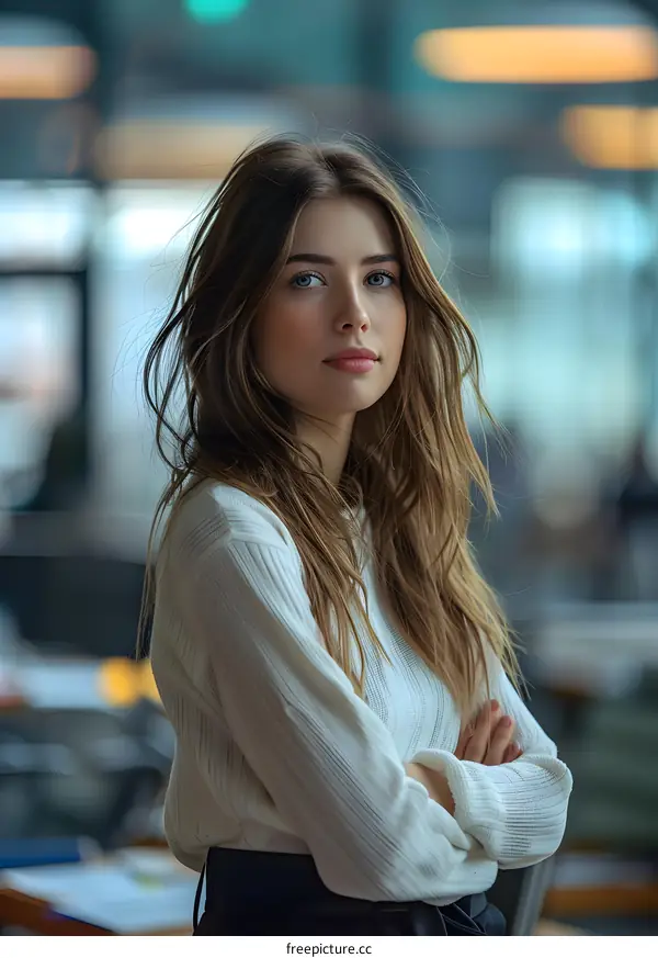 Portrait of a Young Woman with Long Brown Hair and Blue Eyes, Looking at the Camera