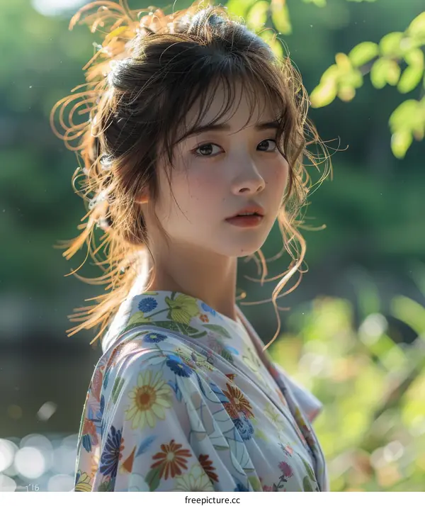 Young Asian Woman in Floral Kimono Outdoors