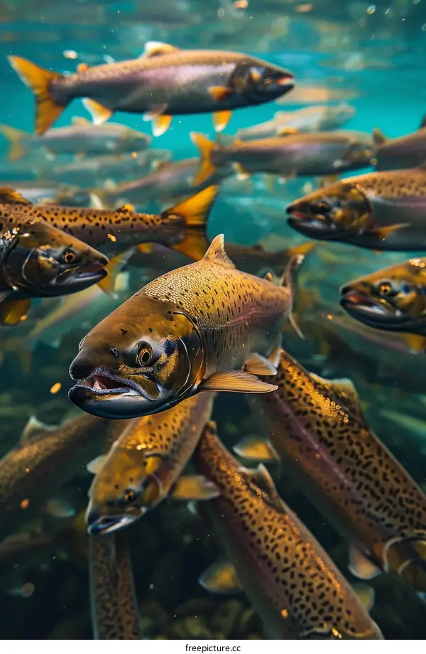 A school of chum salmon swim in a river.