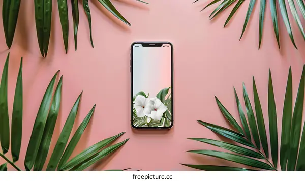 Phone with Tropical Flower Screen Saver and Green Palm Leaves on Pink Background