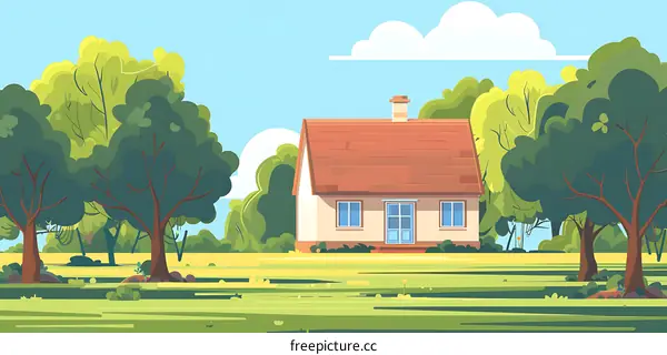 Cartoon Illustration of a Small House in the Countryside