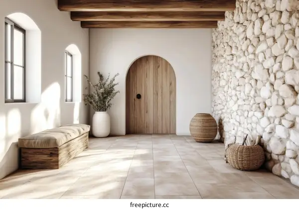 Modern Minimalist Entryway with Natural Stone Wall