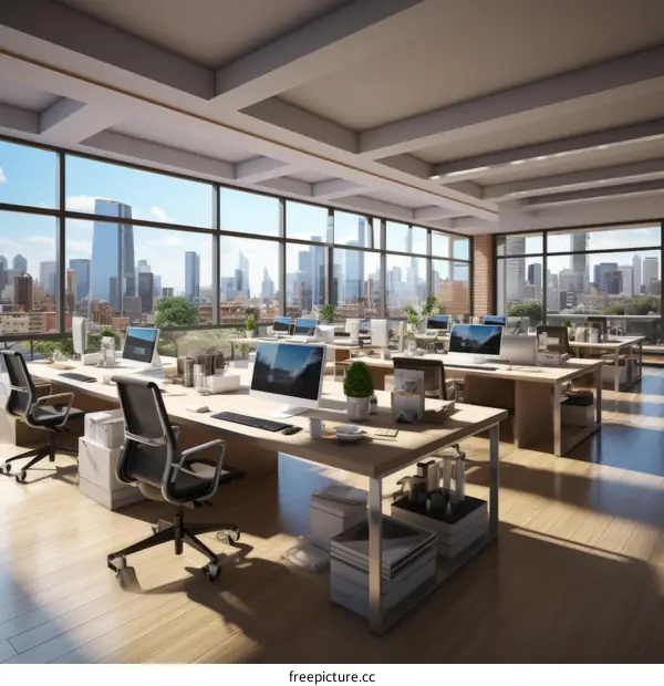Modern office interior with large windows and city view
