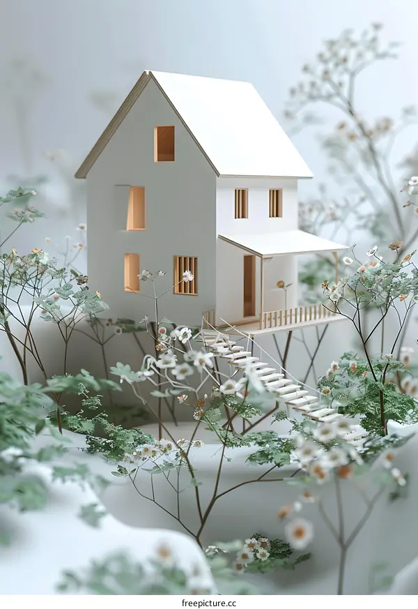 A 3D illustration of a white house in a snowy forest
