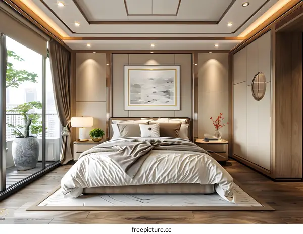 Modern Bedroom Interior with Bed, Bedside Table and Wardrobe