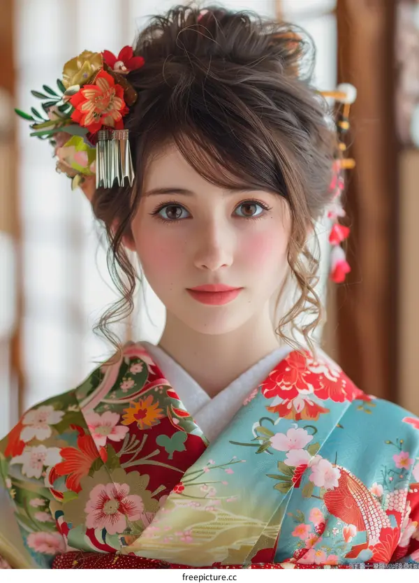 Portrait of a beautiful Japanese woman in traditional kimono