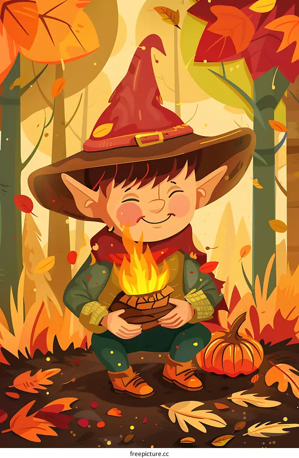 Autumn Elf Holding A Campfire In The Forest