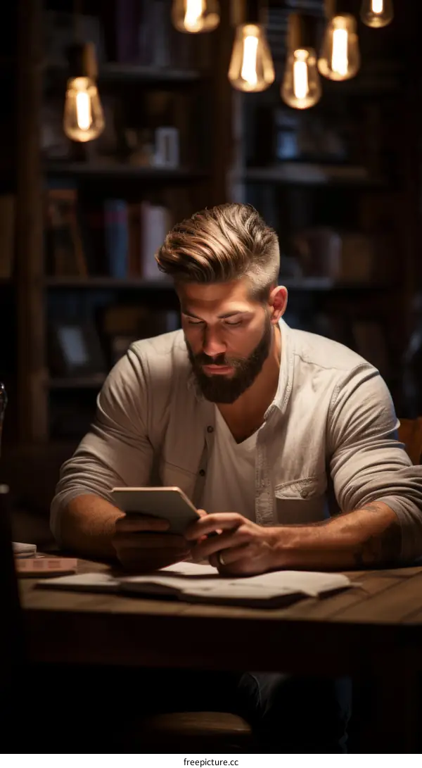 A man is sitting at a desk in a library, reading a book.
