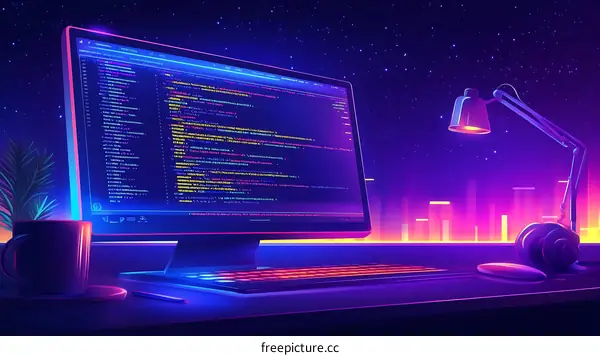 Retro Night Coding Setup Illustration