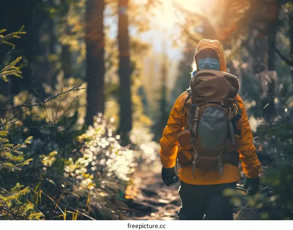 Hiker in the woods wearing a mask