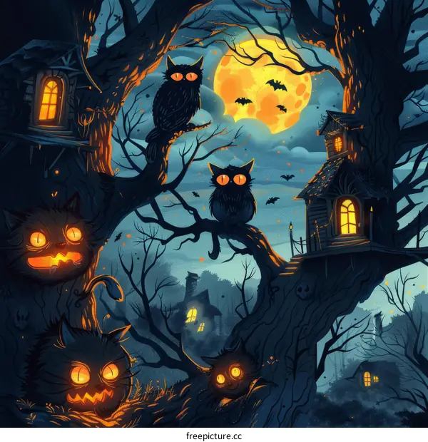 Spooky Halloween Gathering of Five Cartoon Cats